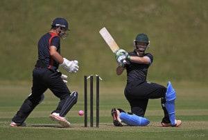 Wellington's Jack Davies survives an attempted stumping by Hurstpierpoint's wicket keeper Joseph Gilligan during the 1st semi final of the National Schools Twenty20 competition 2015 between Hurstpierpoint and Wellington at Arundel Castle Cricket Club, Arundel, West Sussex, England on 3 July 2015. Photo by Sarah Ansell.